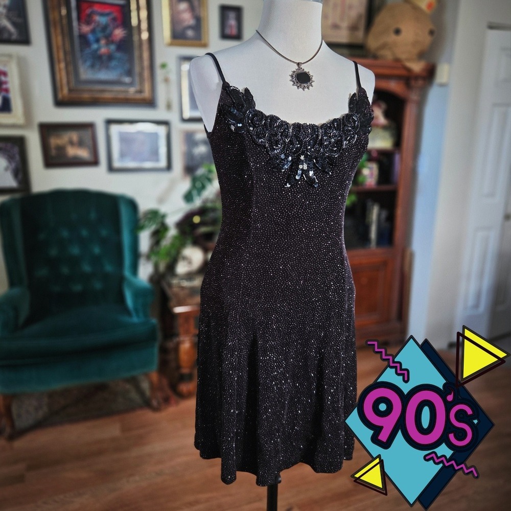 Vintage 90s Bari Jay Black Sequin Beaded Glitter Cocktail Mini Dress
